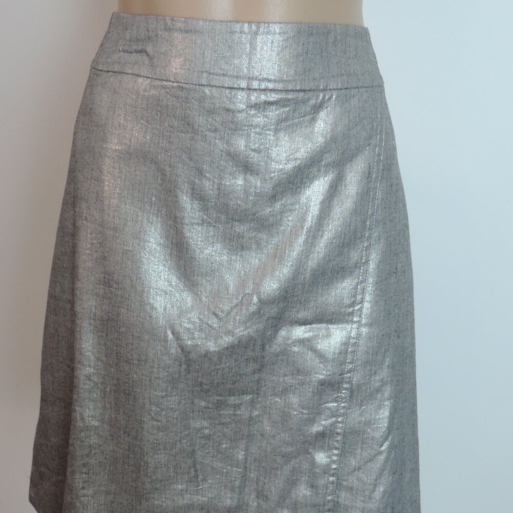 EILEEN FISHER Silver Glimmer Linen Stretch Faux Wrap Skirt Large NWT $248